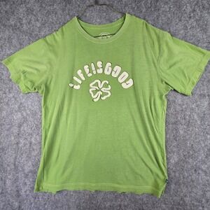 Life is Good Shirt Mens L Green Clover Applique Shamrock Short Sleeve Cotton